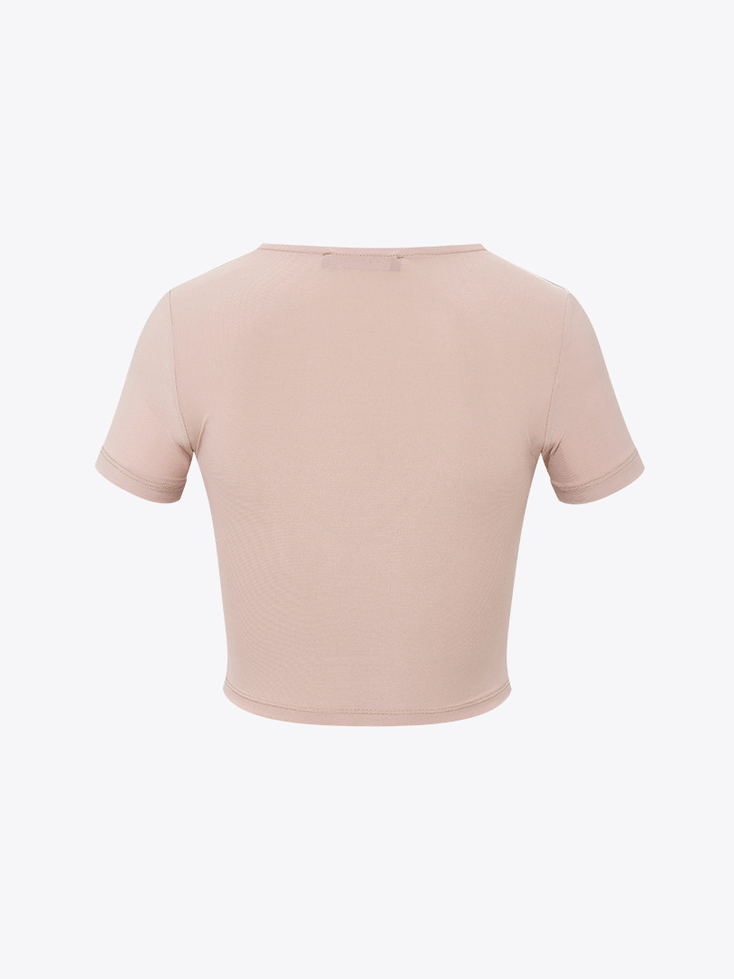 Önü Düğümlü Kısa Kollu Crop Bluz - Bej