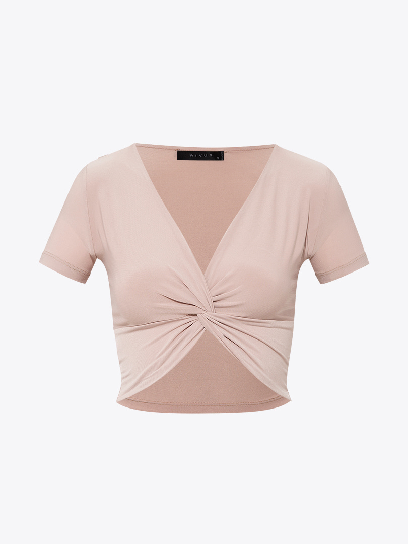 Önü Düğümlü Kısa Kollu Crop Bluz - Bej