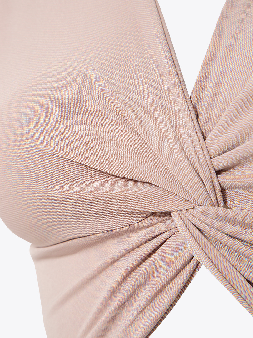 Önü Düğümlü Kısa Kollu Crop Bluz - Bej