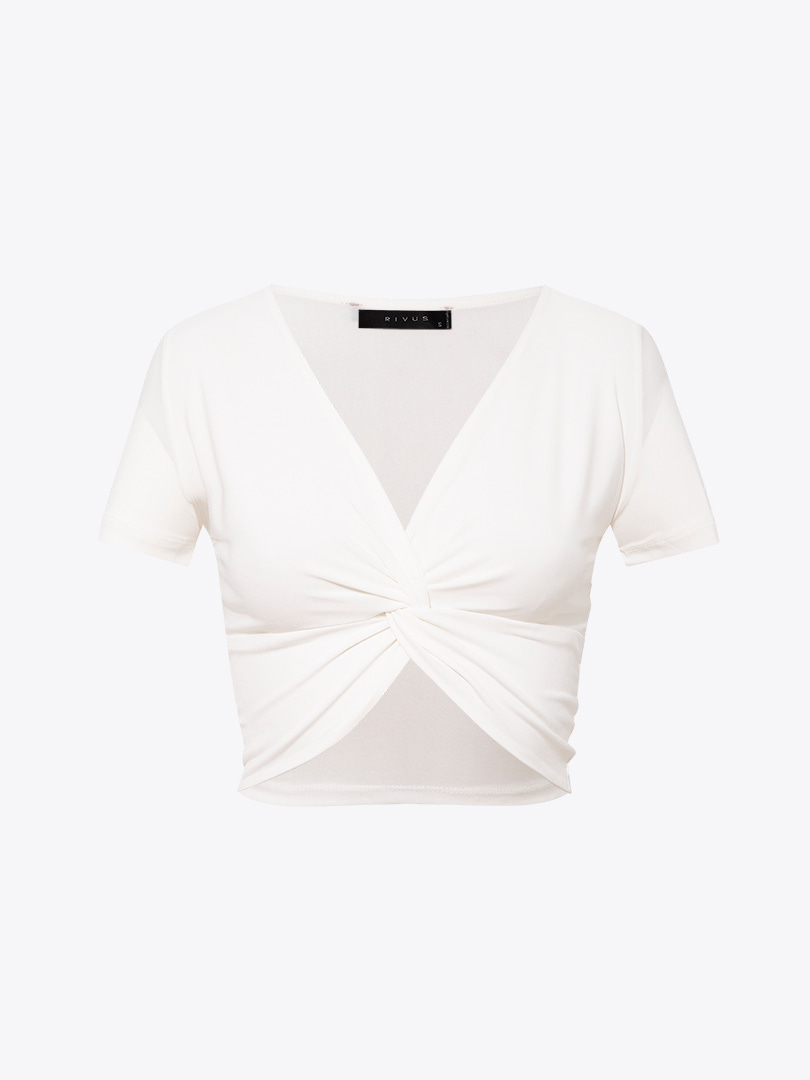 Önü Düğümlü Kısa Kollu Crop Bluz - Ekru