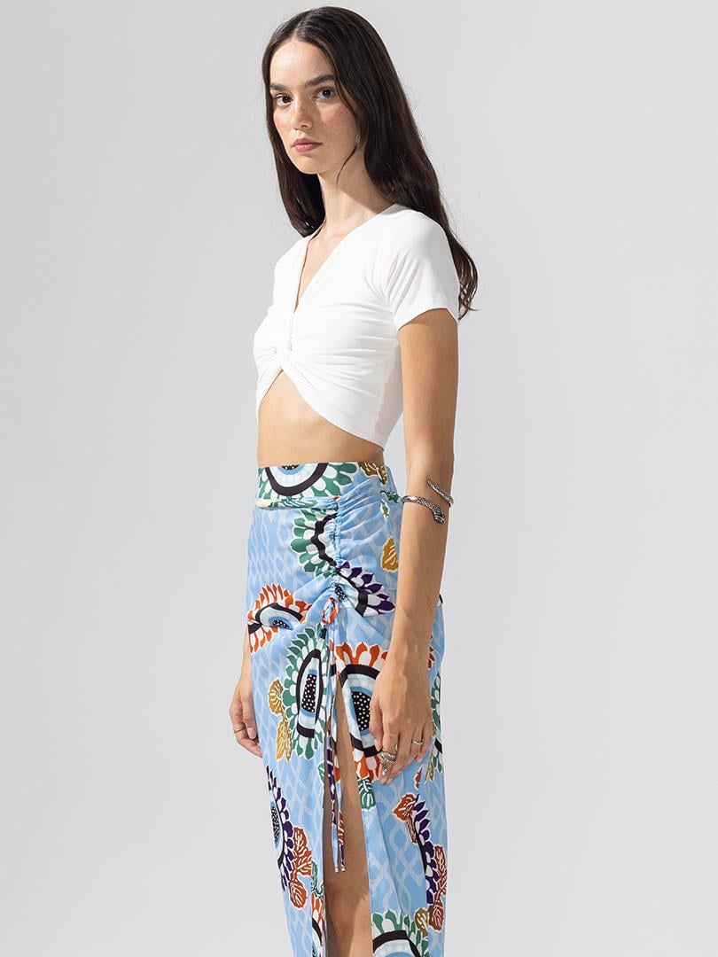 Önü Düğümlü Kısa Kollu Crop Bluz - Ekru
