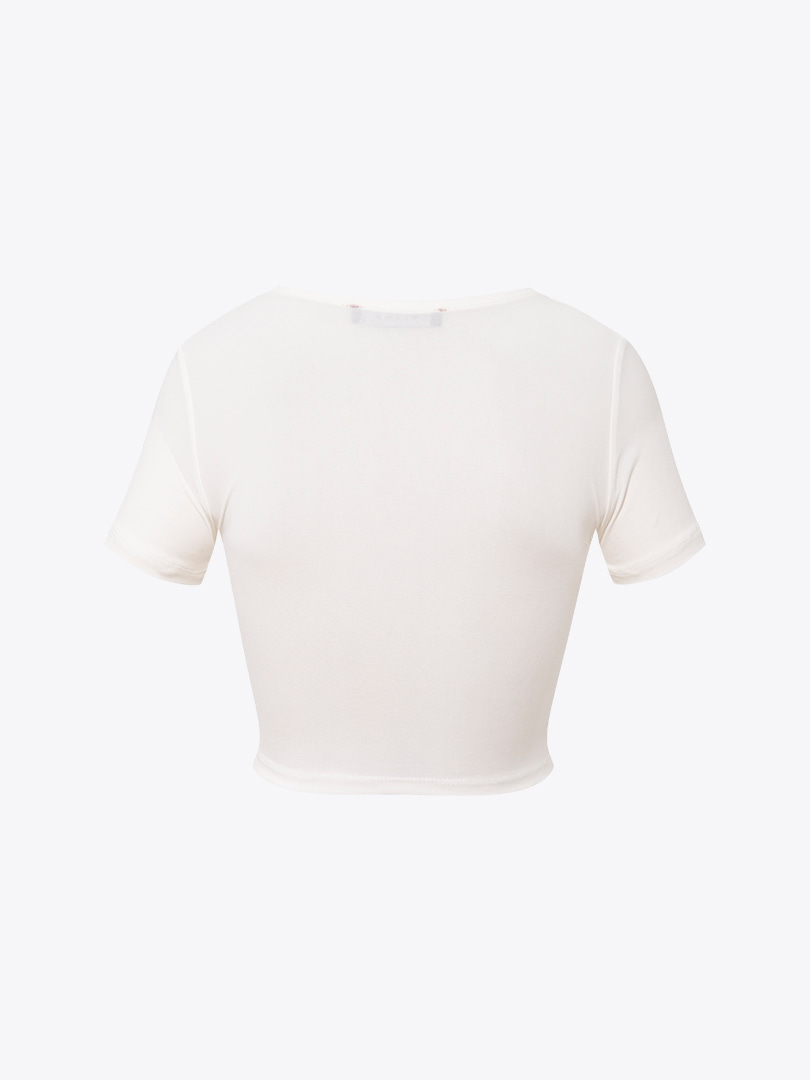 Önü Düğümlü Kısa Kollu Crop Bluz - Ekru