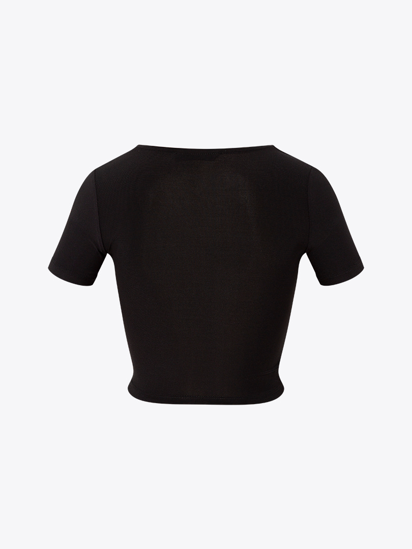 Önü Düğümlü Kısa Kollu Crop Bluz - Siyah