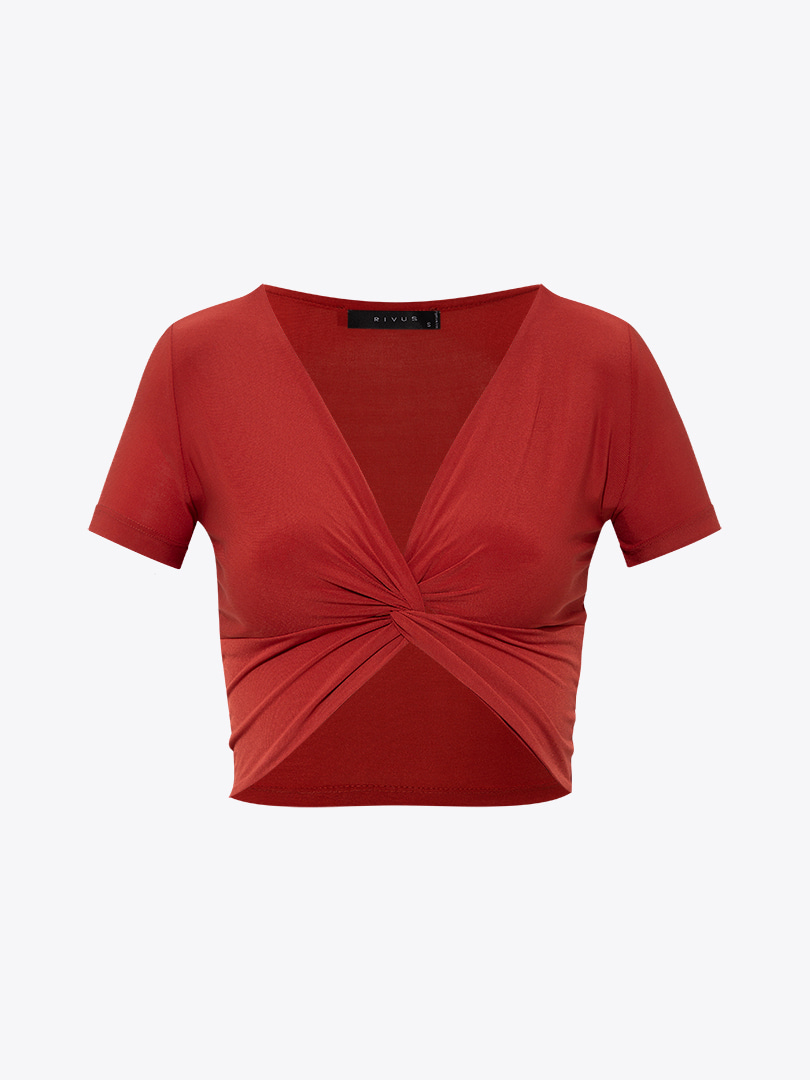 Önü Düğümlü Kısa Kollu Crop Bluz - Tarçın