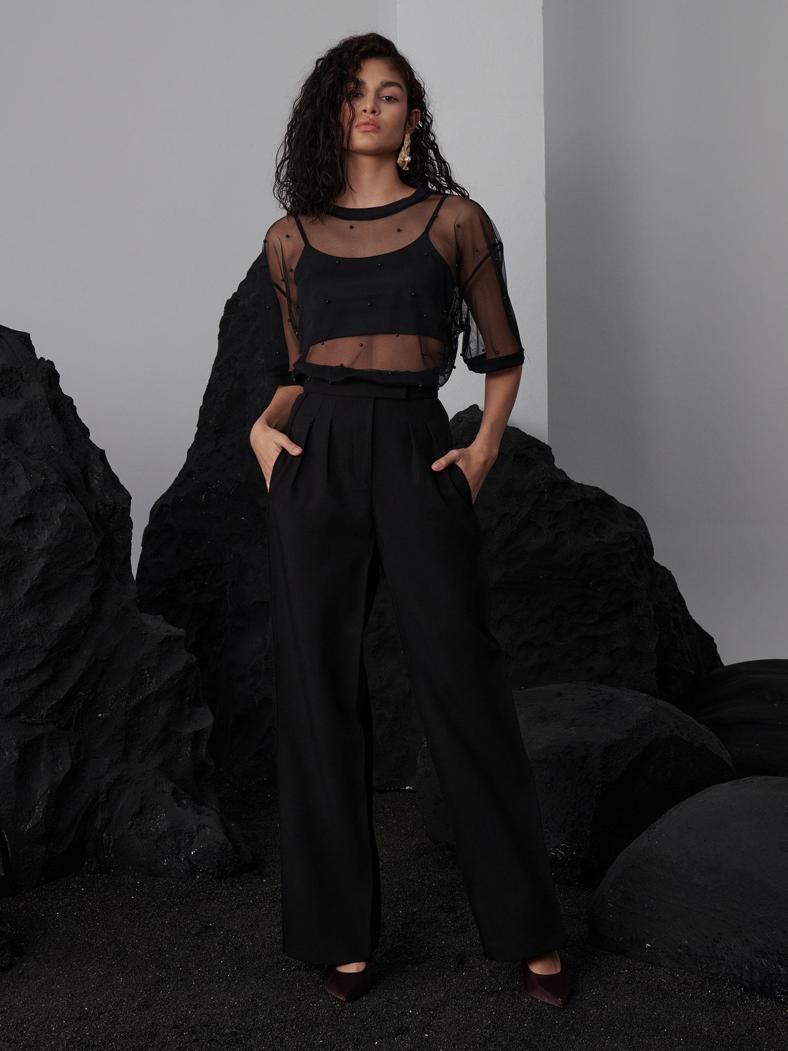 Oversize İncili Tül Şık T-Shirt - Siyah T-shirt Modelleri
