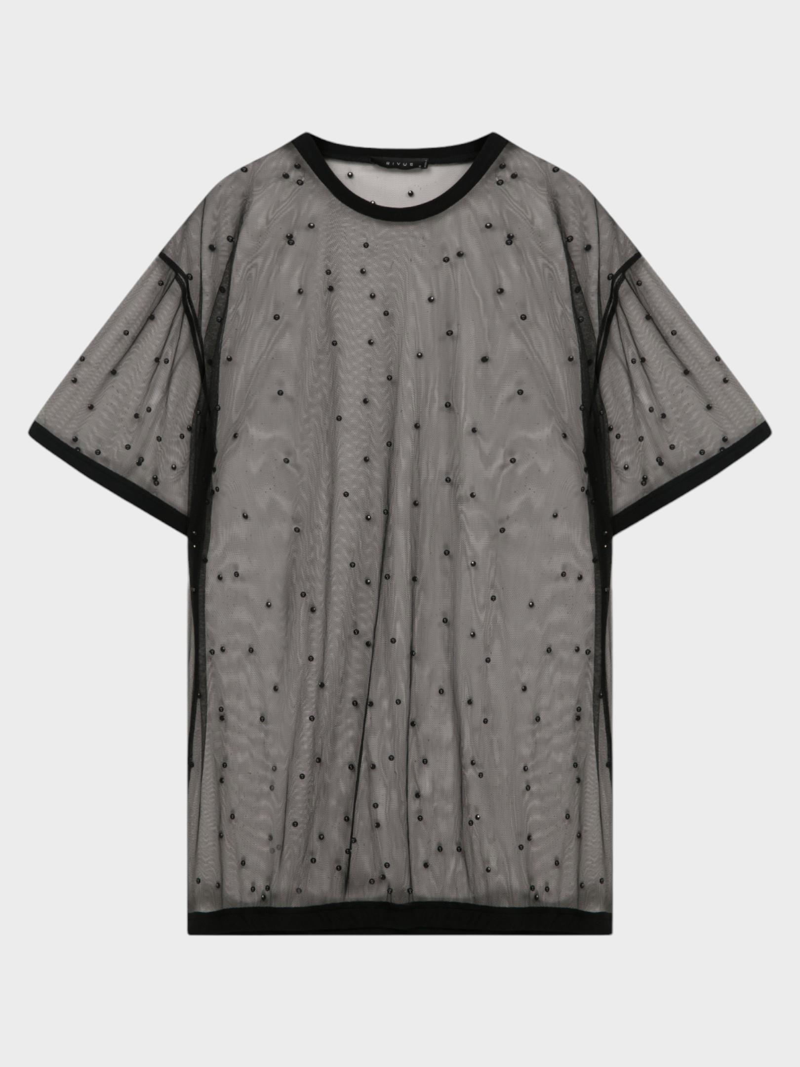 Oversize İncili Tül Şık T-Shirt - Siyah T-shirt Modelleri