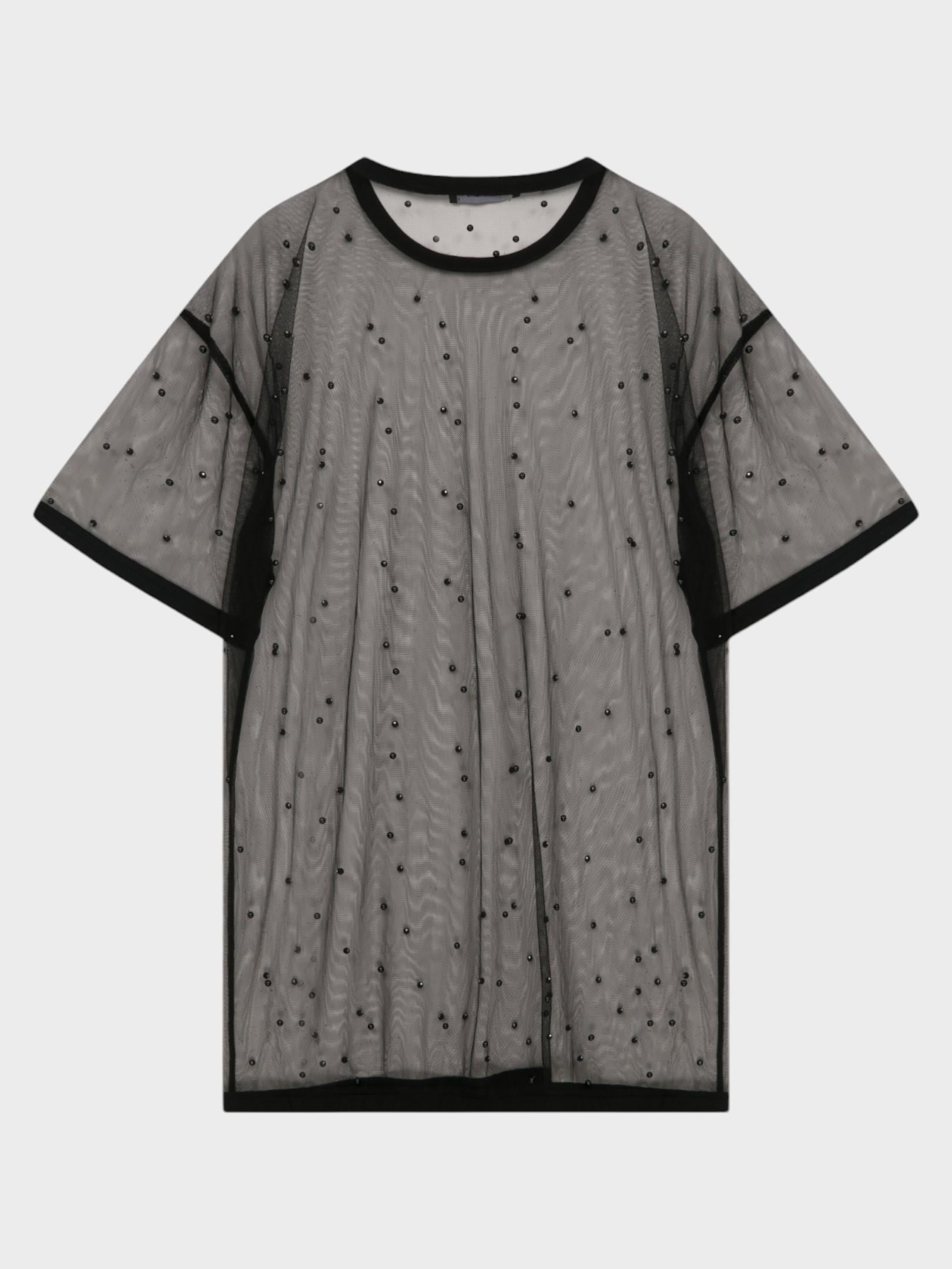 Oversize İncili Tül Şık T-Shirt - Siyah T-shirt Modelleri