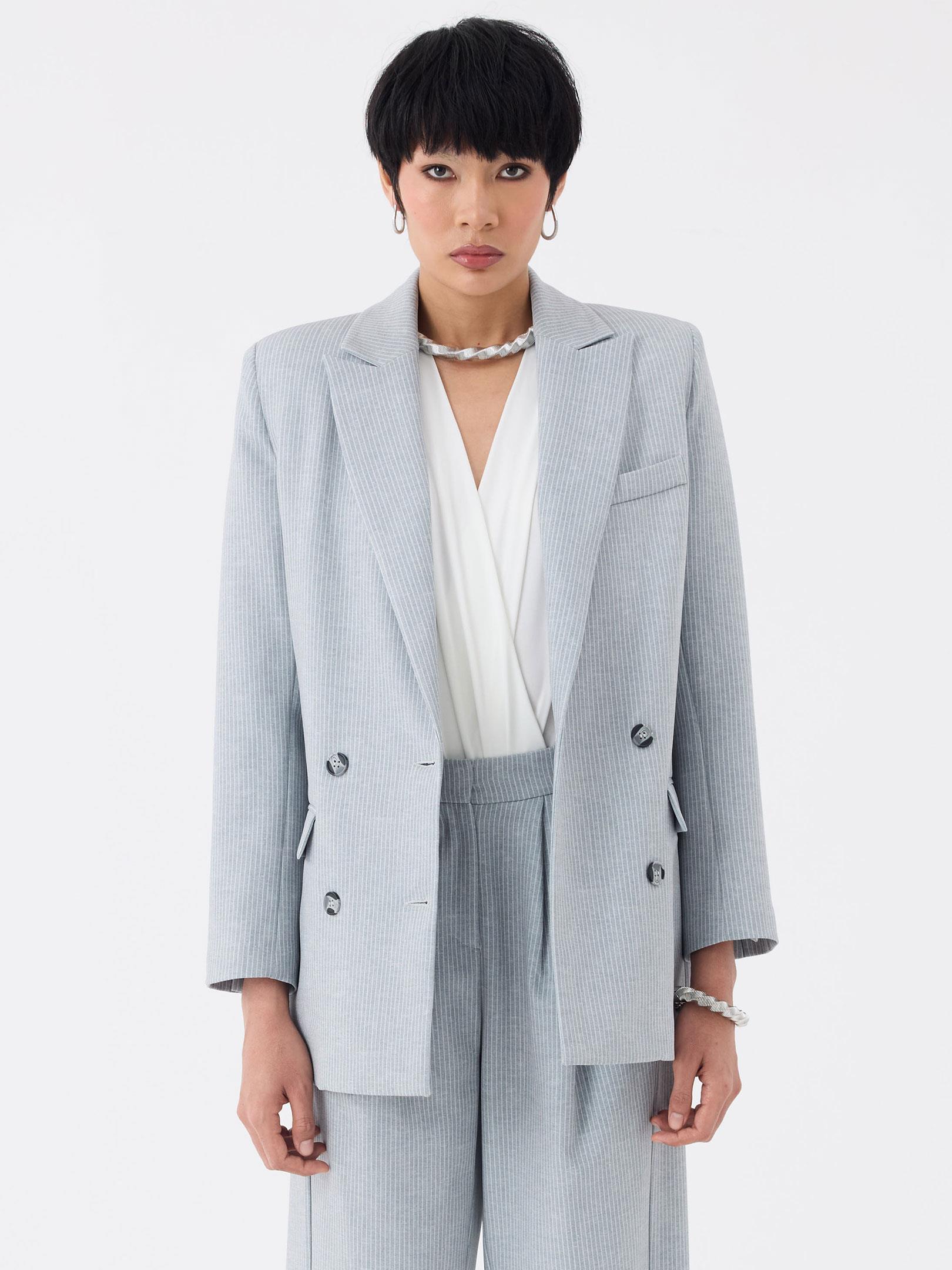 Oversize Kruvaze  Kesim İnce Çizgili Ceket - Gri Ceket Modelleri