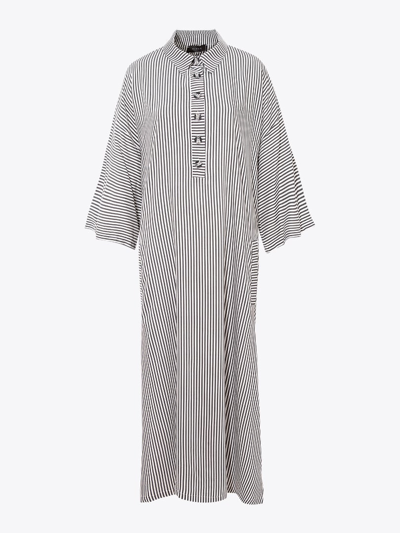 Oversize Yırtmaçlı Gömlek Elbise - Çizgili
