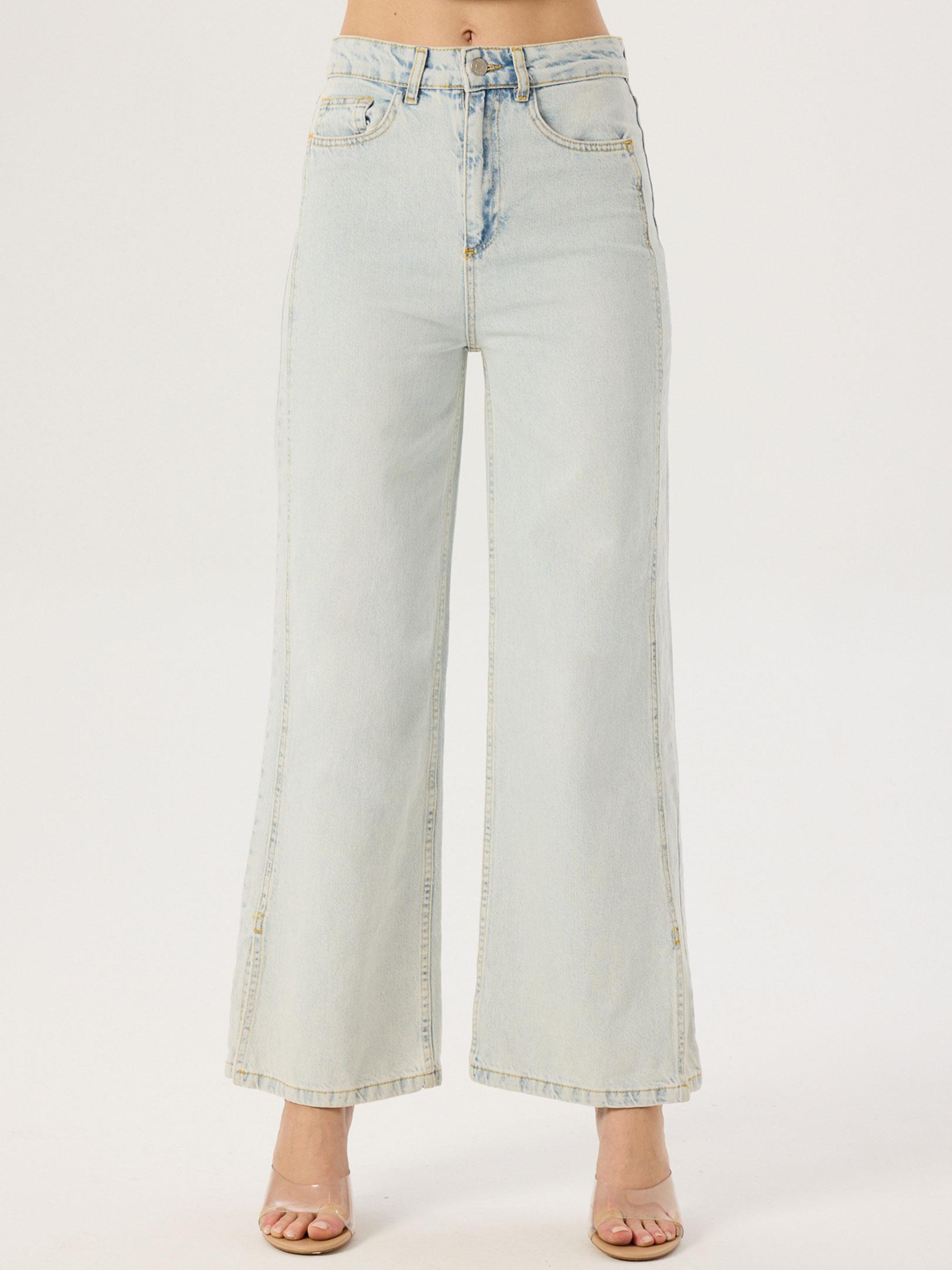Paçaları Yırtmaçlı Yüksek Bel Wide Leg Jean Pantolon- Mavi Pantolon Modelleri