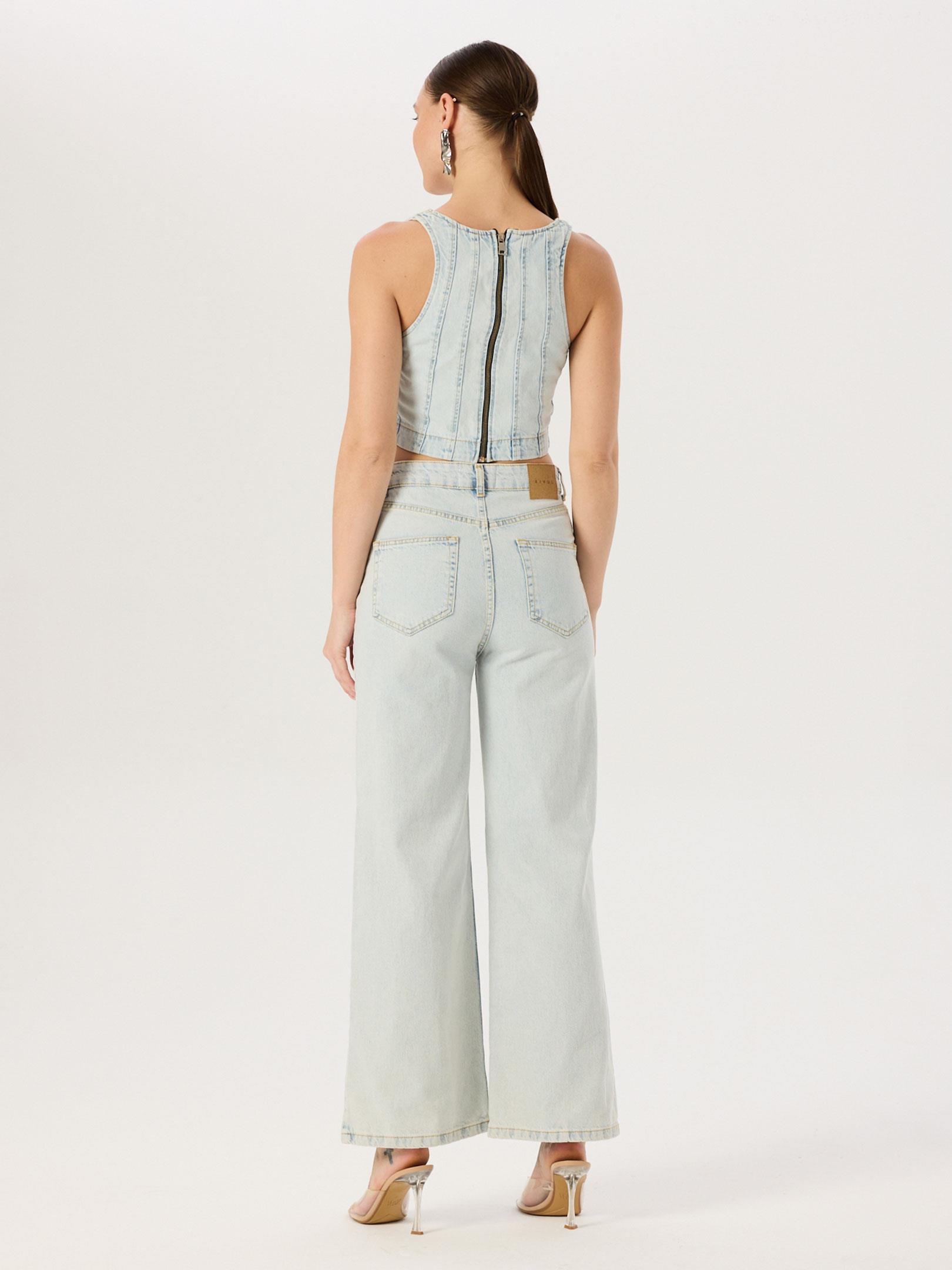 Paçaları Yırtmaçlı Yüksek Bel Wide Leg Jean Pantolon- Mavi Pantolon Modelleri