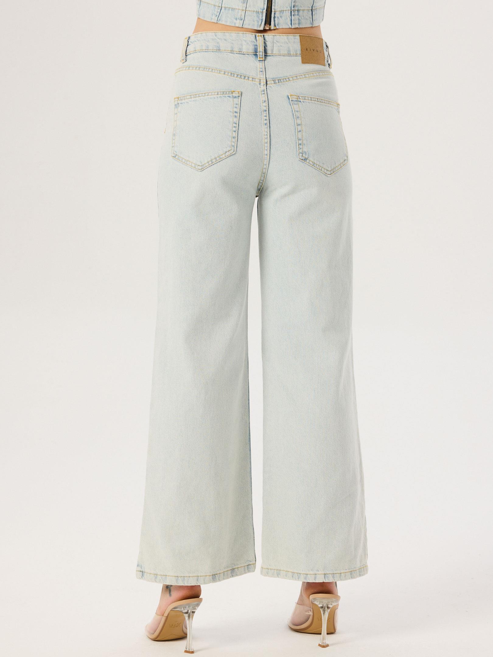 Paçaları Yırtmaçlı Yüksek Bel Wide Leg Jean Pantolon- Mavi Pantolon Modelleri