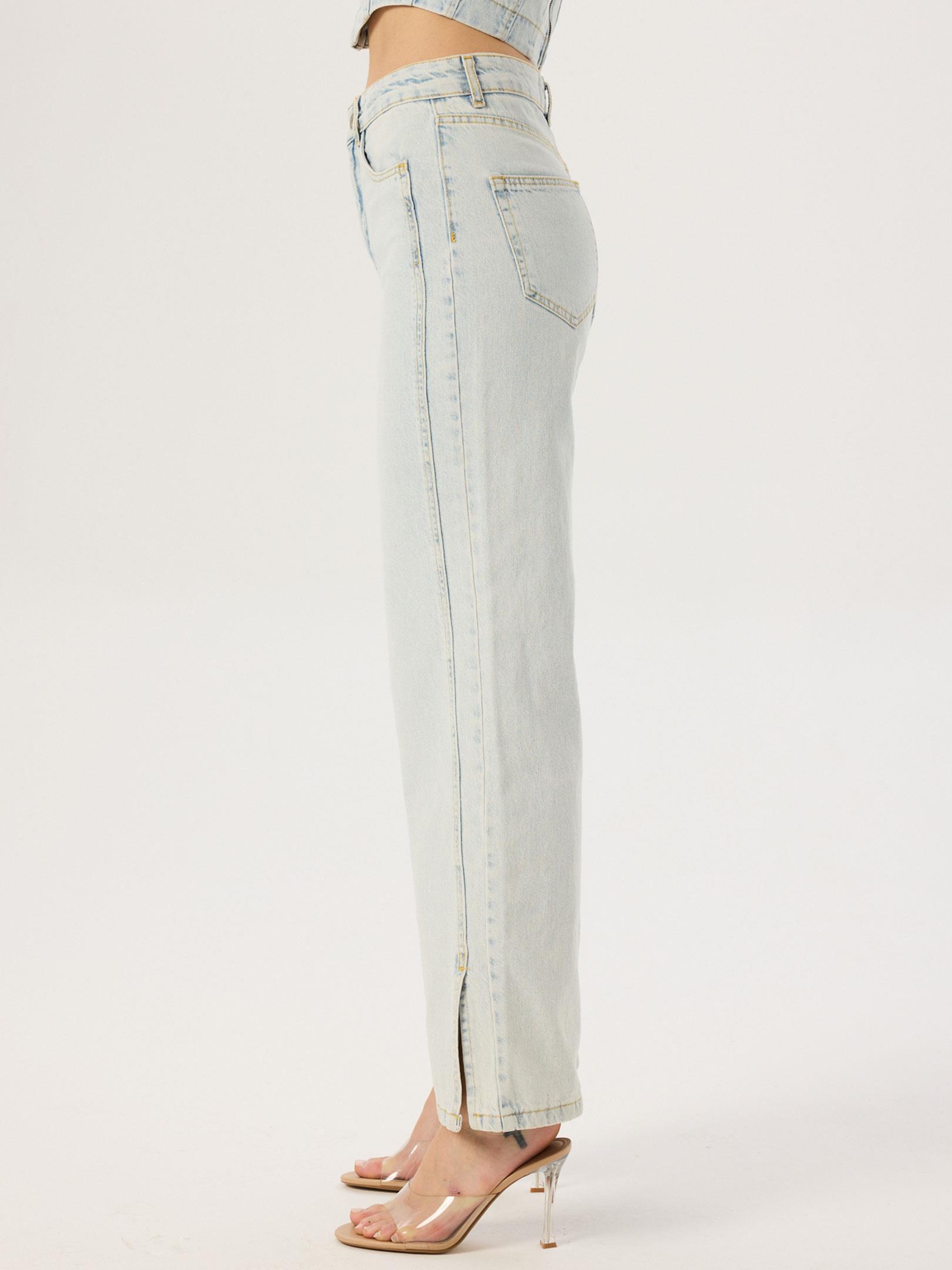 Paçaları Yırtmaçlı Yüksek Bel Wide Leg Jean Pantolon- Mavi Pantolon Modelleri