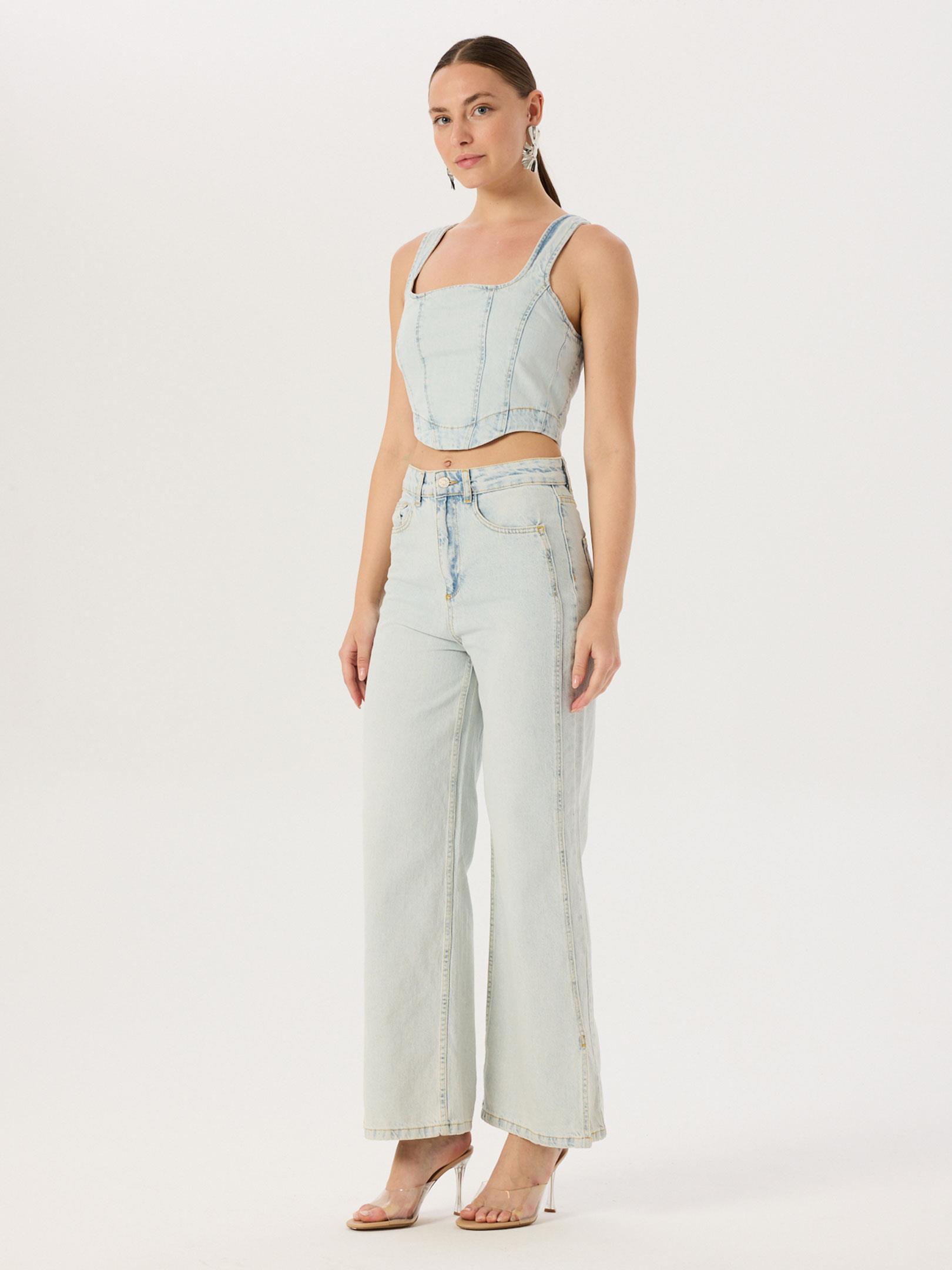 Paçaları Yırtmaçlı Yüksek Bel Wide Leg Jean Pantolon- Mavi Pantolon Modelleri