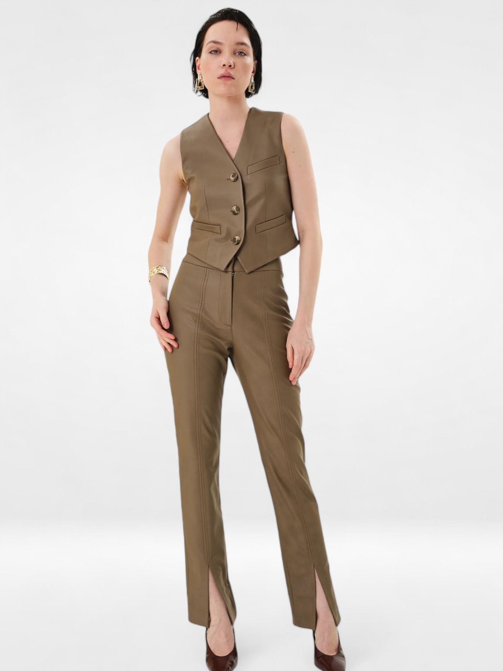 Paçası Yırtmaç Detaylı Vegan Deri Pantolon - Camel Pantolon Modelleri