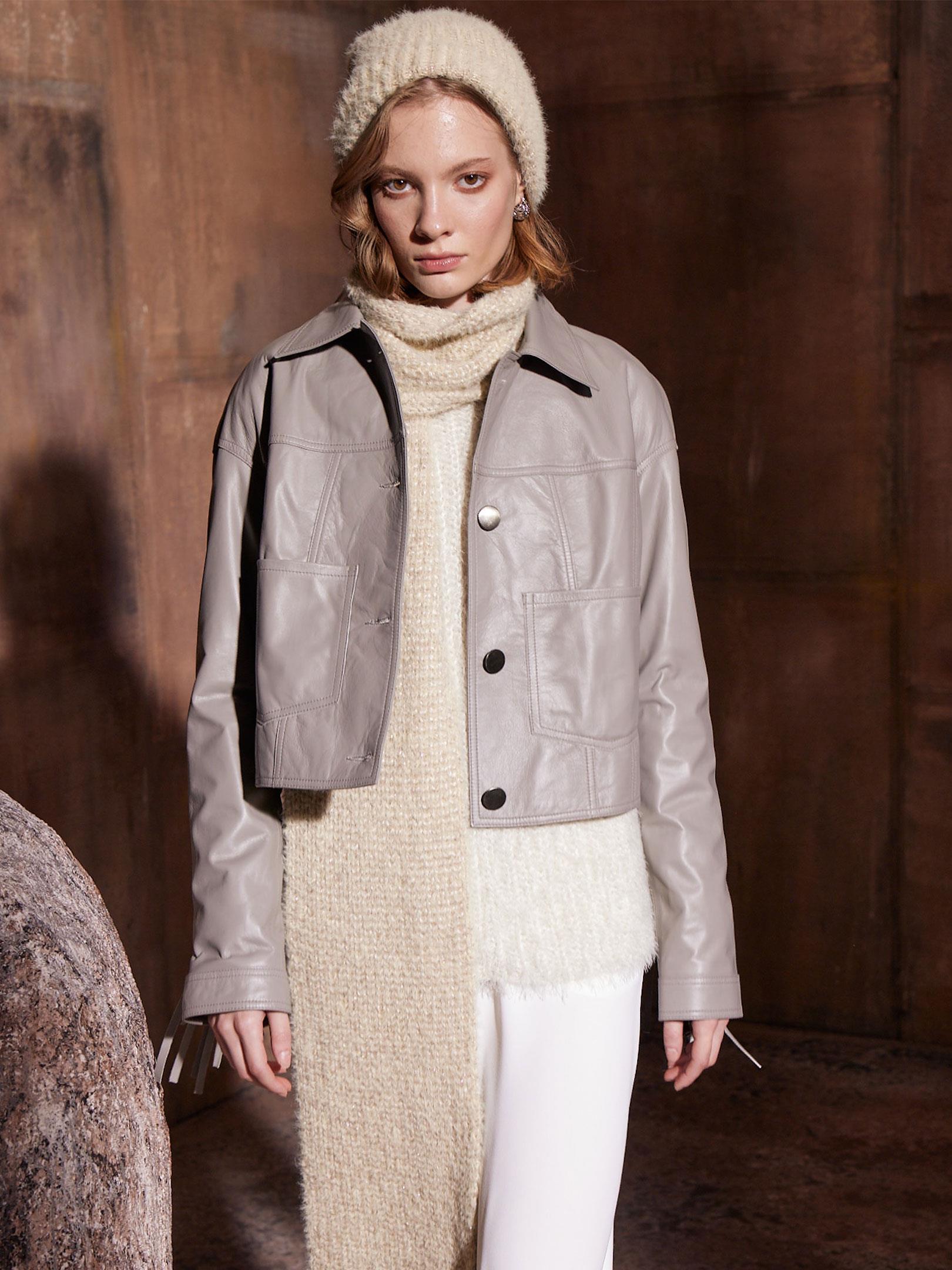 Püsküllü Deri Ceket -Gri Deri Ceket Modelleri