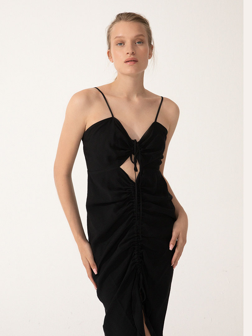 Spagetti Askılı Ayarlanabilir Dekolteli Midi Elbise - Siyah