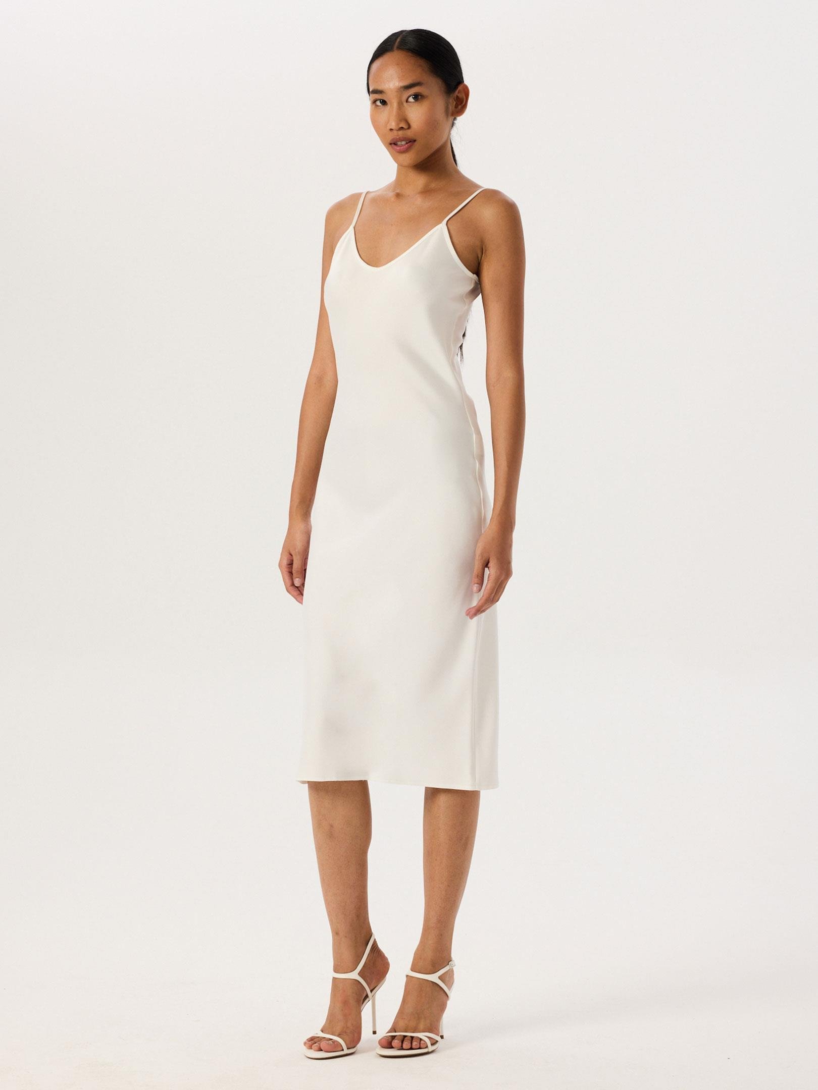 Spagetti Askılı Saten Midi Elbise - Ekru Elbise Modelleri