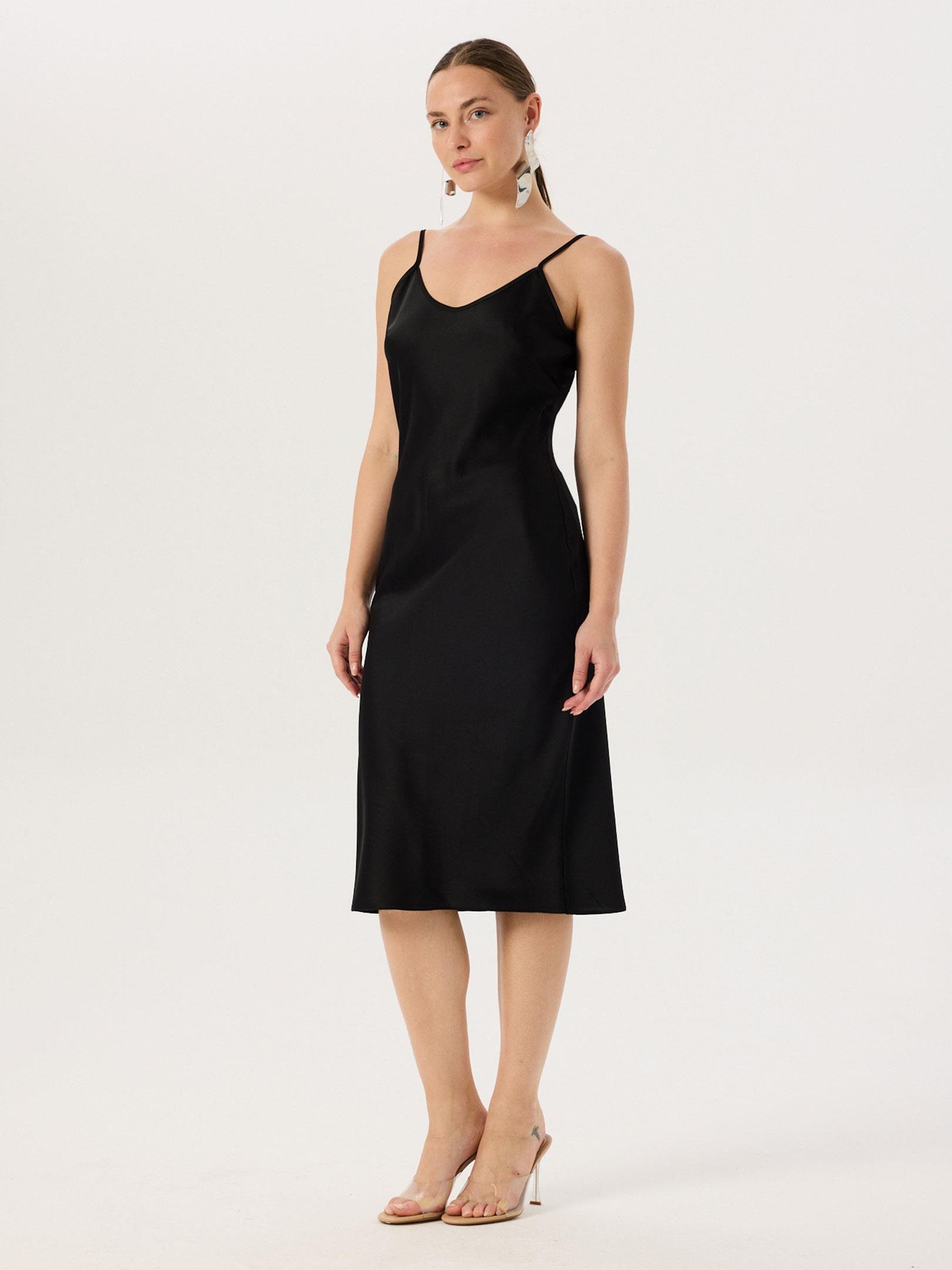 Spaghetti Strapped Satin Midi Dress - Black Dress Modelleri