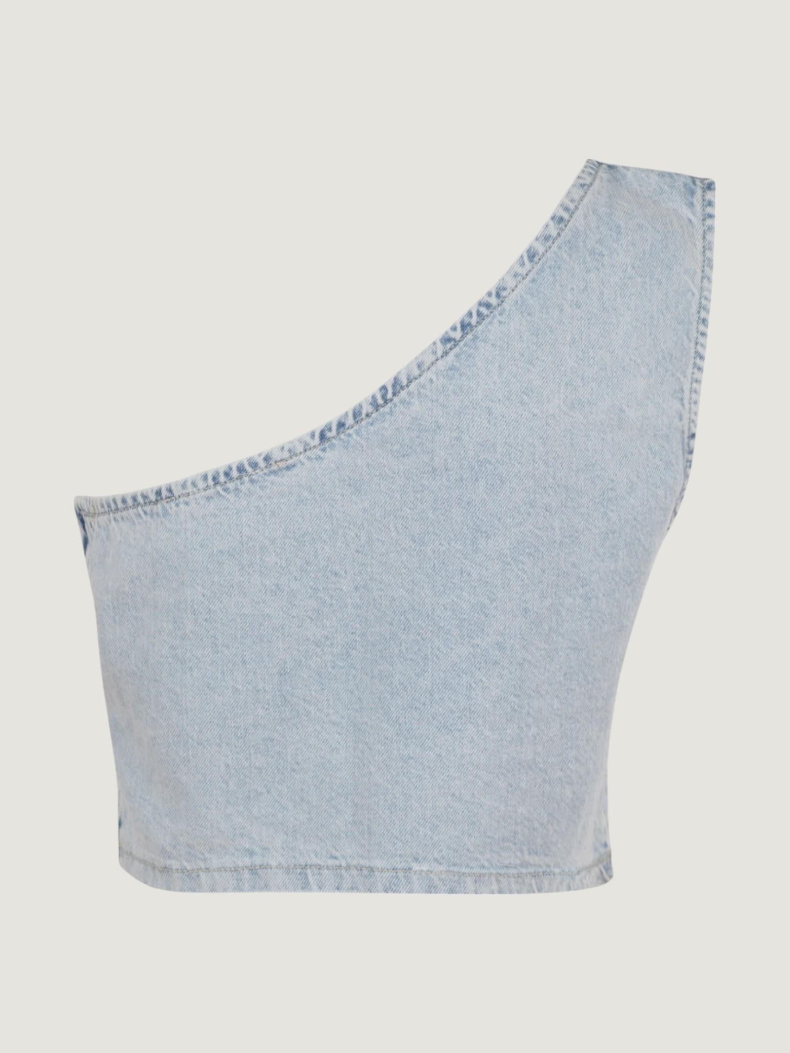 Taş Baskılı Tek Omuz Jean Büstiyer - Light Indigo Bluz Modelleri
