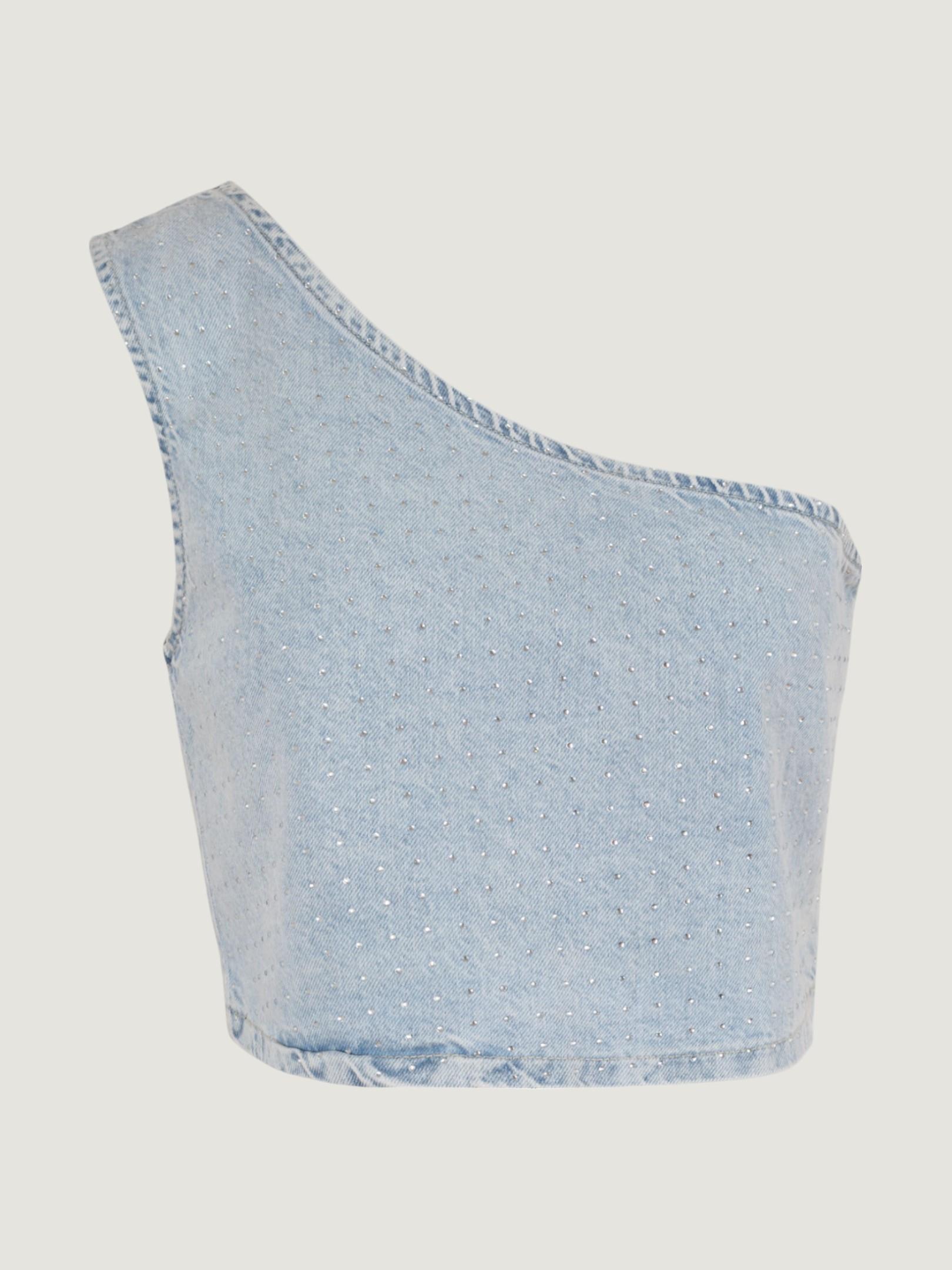 Taş Baskılı Tek Omuz Jean Büstiyer - Light Indigo Bluz Modelleri