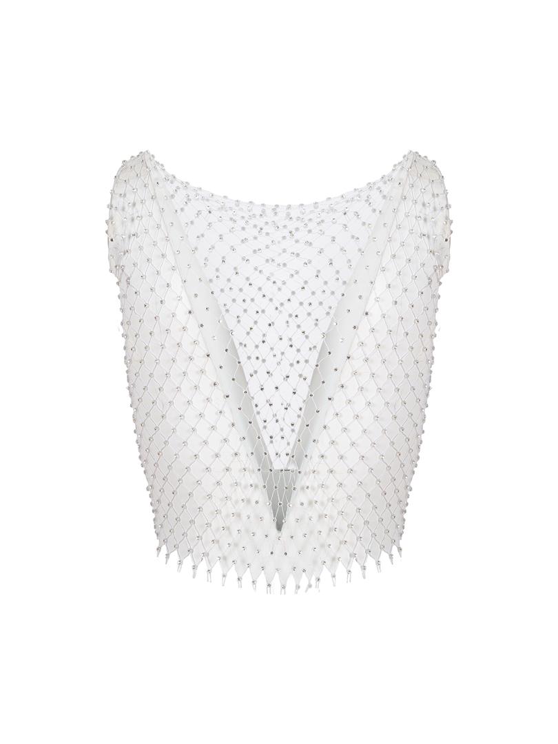 Taşlı Crop File Tshirt - Beyaz