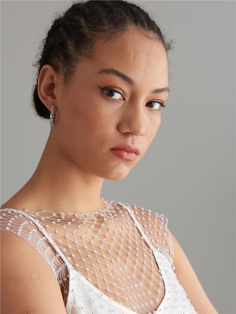 Taşlı Halka Küpe - Silver