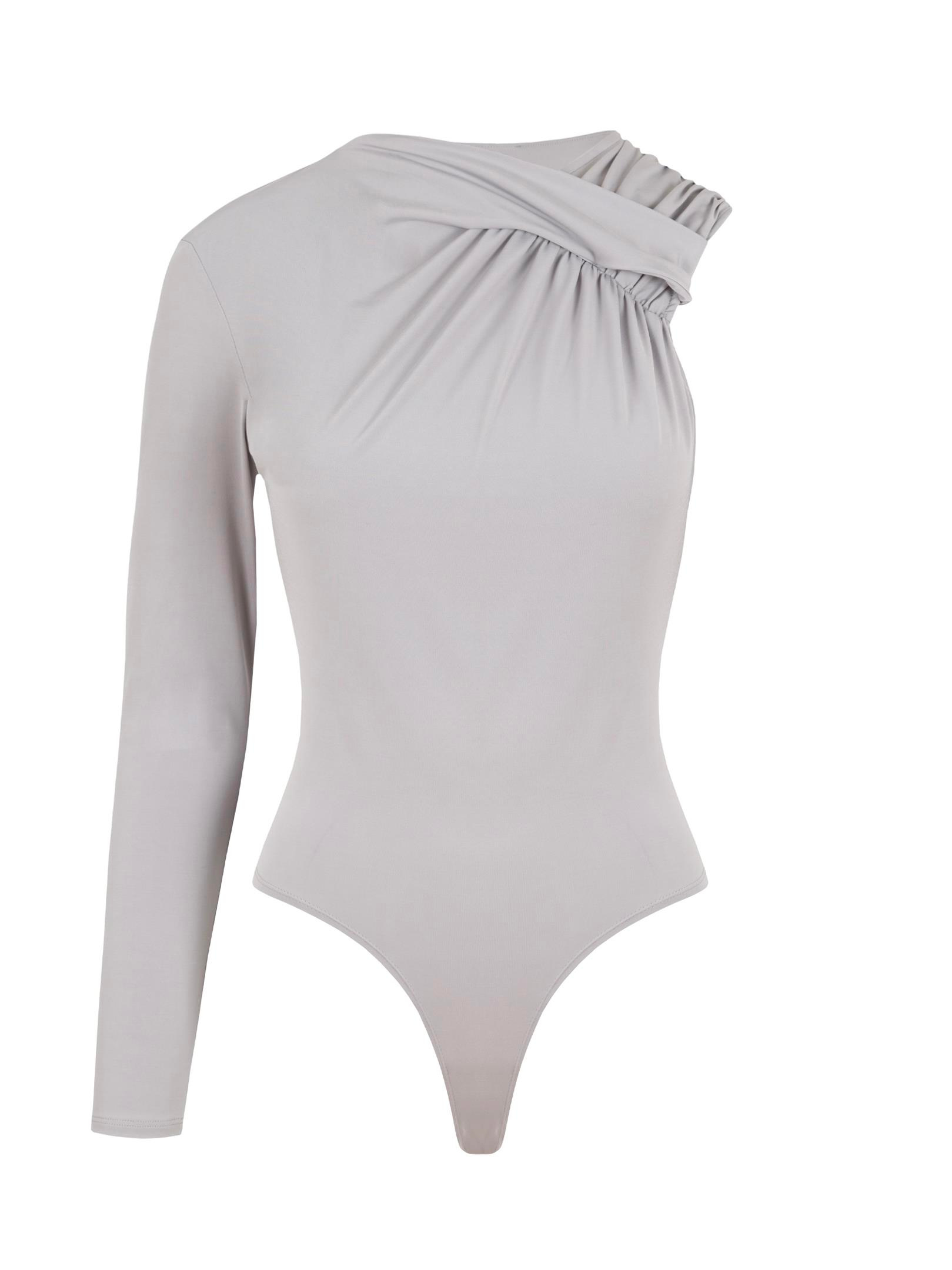 Tek Kol Yaka Detaylı Çıtçıtlı Body - Gri Body & Bluz Modelleri
