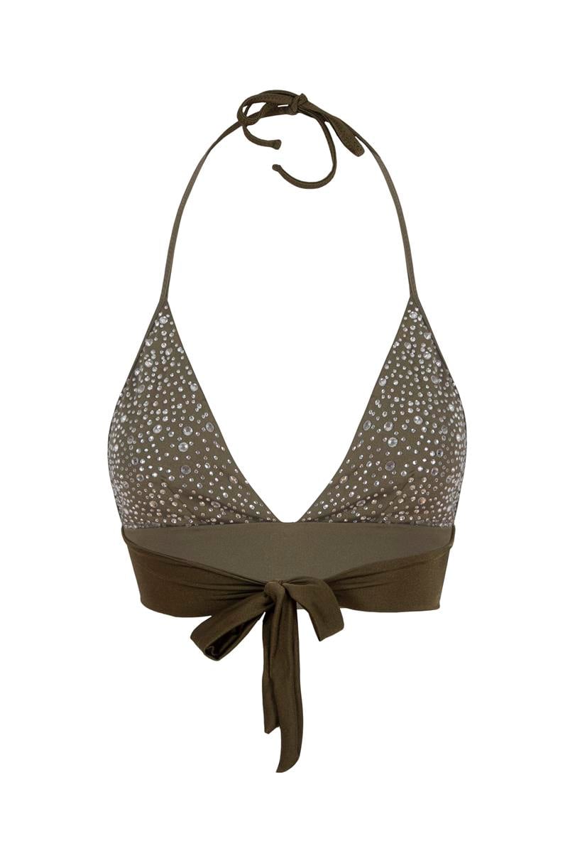 Üçgen Kesim Bağlamalı Kristal Taşlı Bikini Üstü - Yeşil