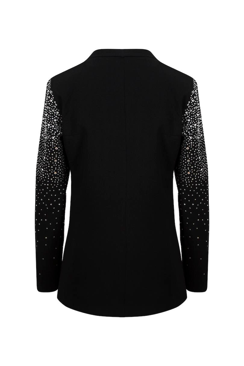 Uzun Kristal Taşlı Blazer Ceket - Siyah