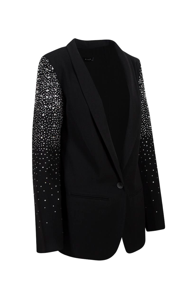 Uzun Kristal Taşlı Blazer Ceket - Siyah