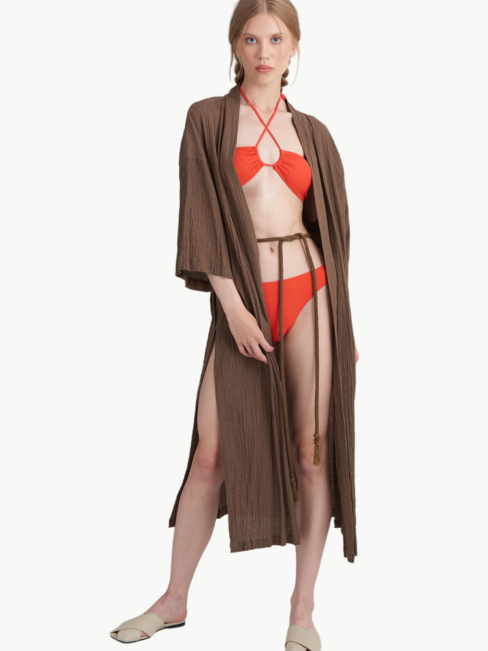 Uzun Rahat Kesim Kimono - Kahve Kimono & Pareo Modelleri