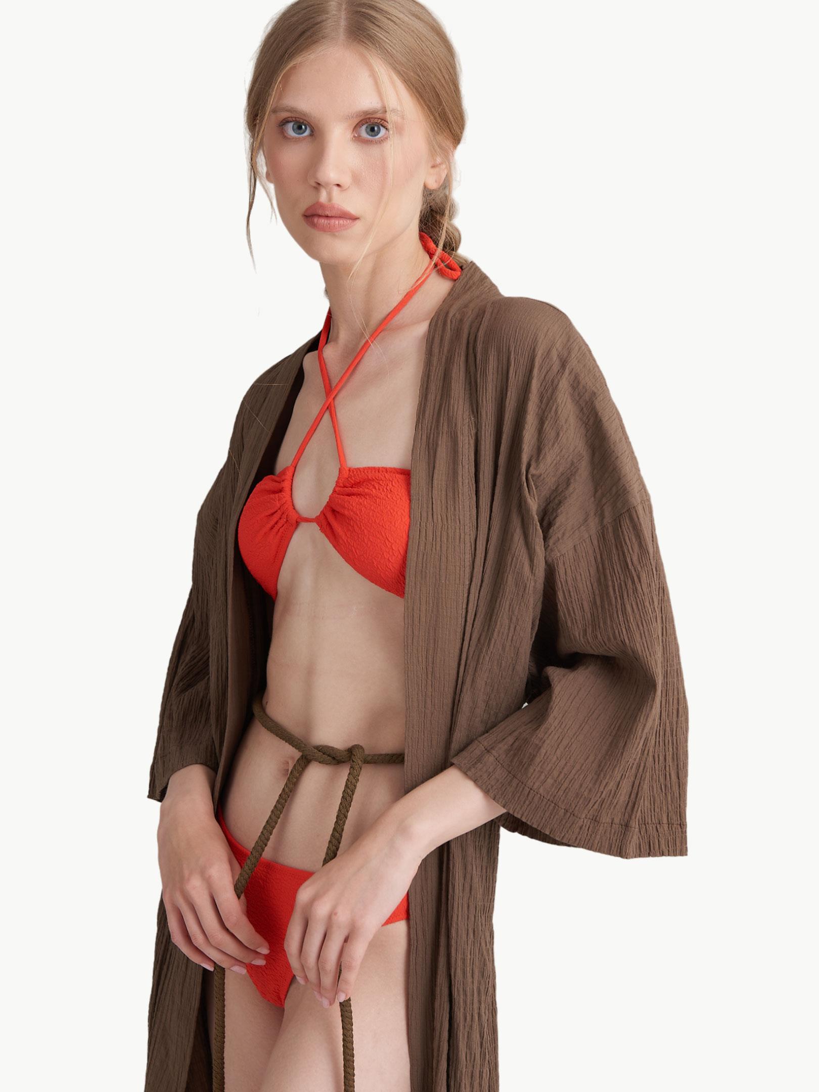 Uzun Rahat Kesim Kimono - Kahve Kimono & Pareo Modelleri