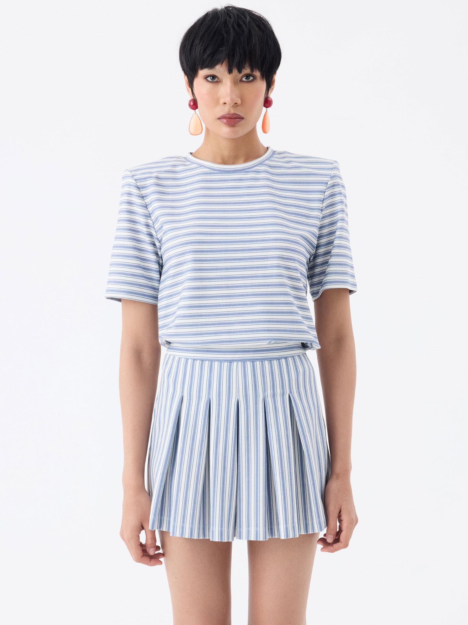 Vatkalı Bisiklet Yaka T-Shirt - Mavi Çizgili T-shirt Modelleri