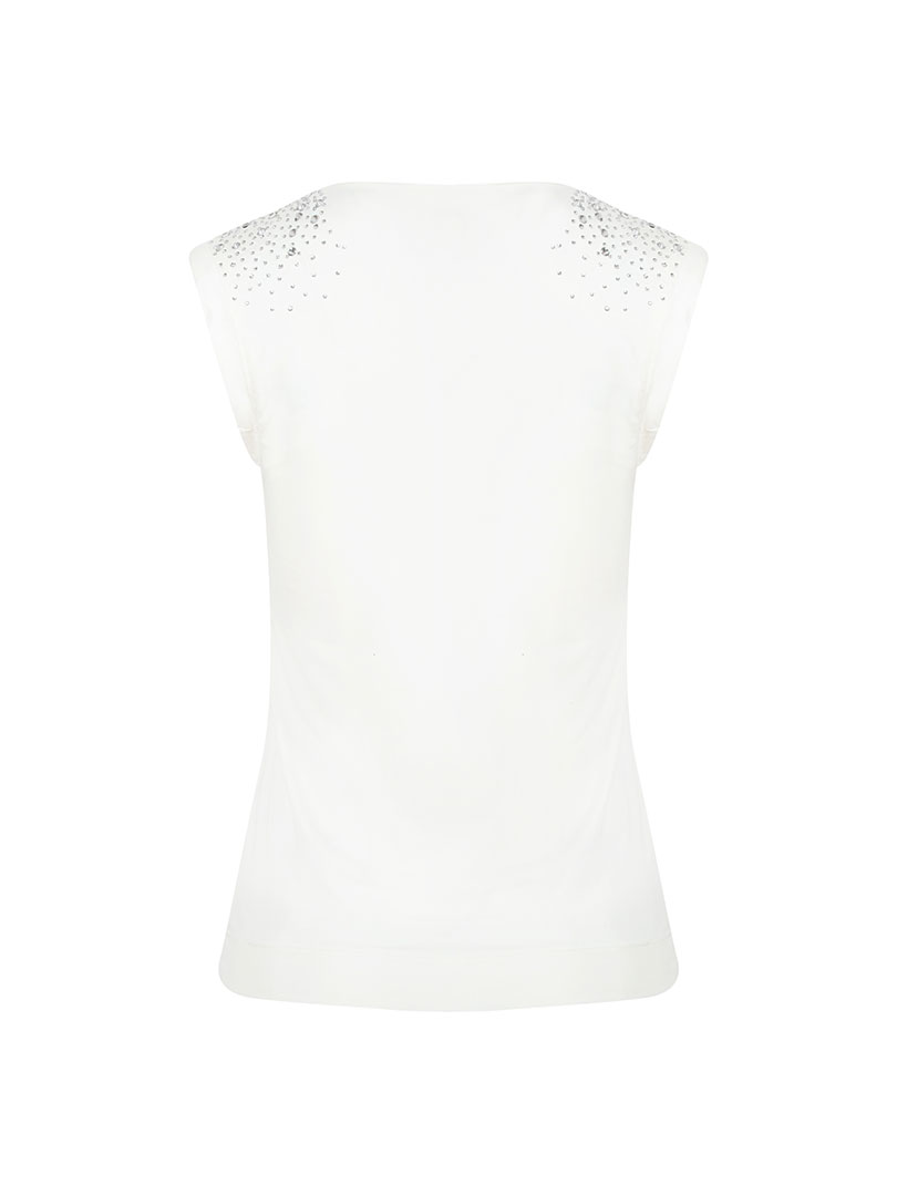 Vatkalı Jarse Kristal Taşlı T-shirt - Ekru