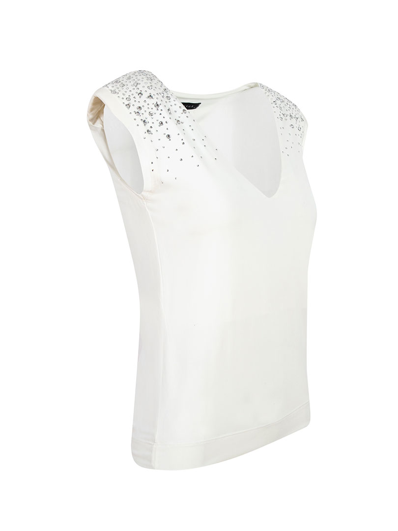 Vatkalı Jarse Kristal Taşlı T-shirt - Ekru