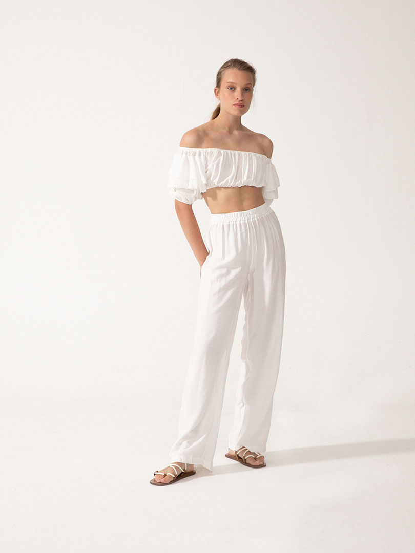 Volanlı Crop Top - Ekru
