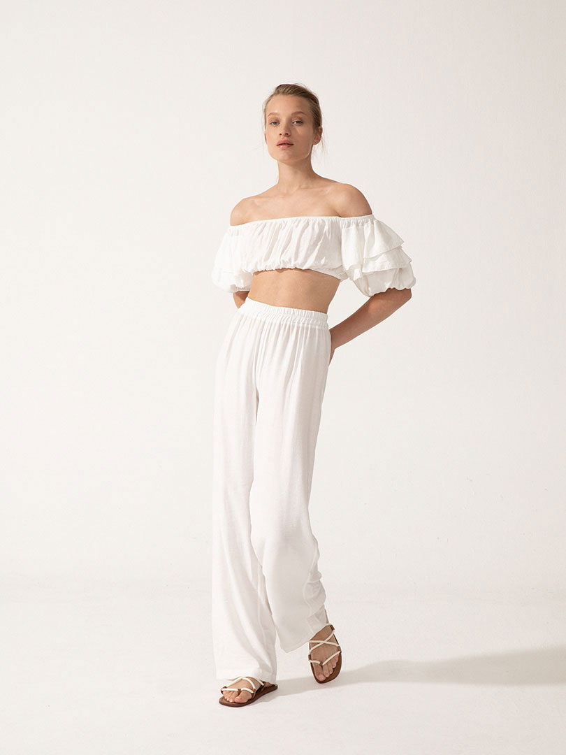 Volanlı Crop Top - Ekru