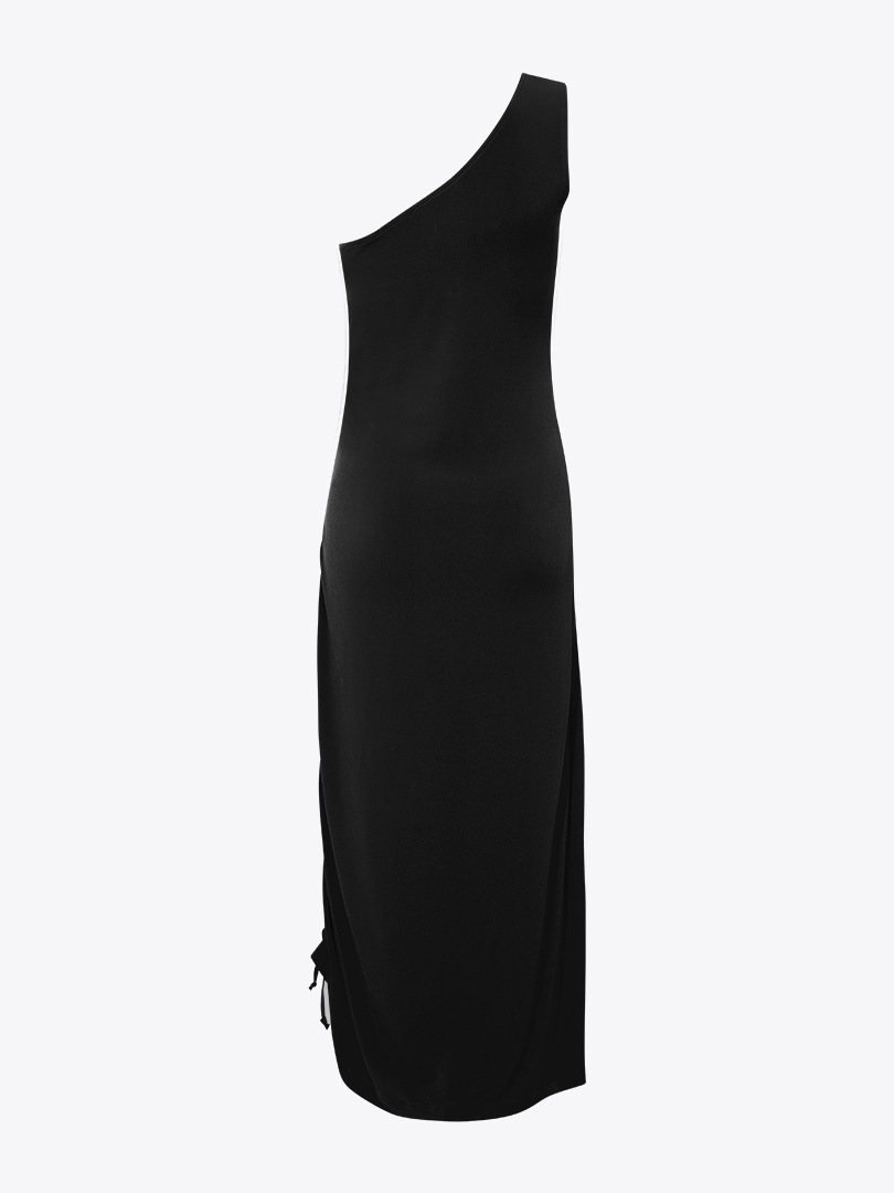 Yandan Ayarlanabilir Tek Omuz Drape Elbise - Siyah