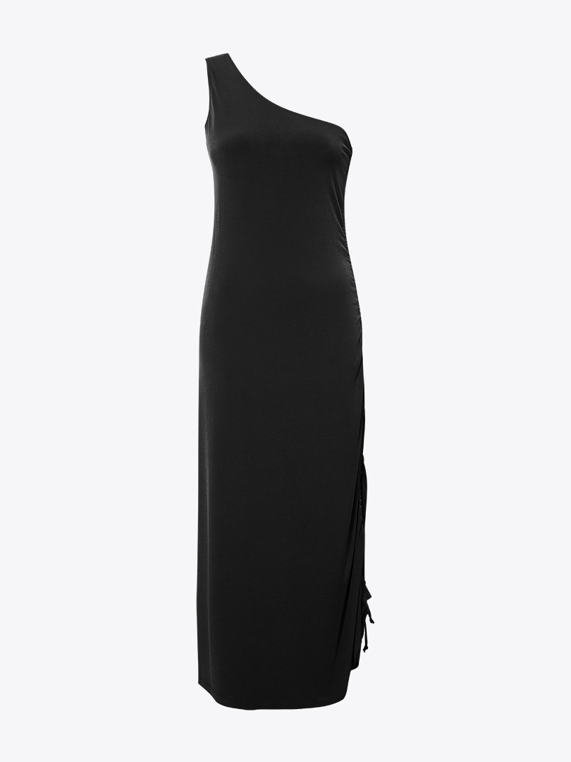 Yandan Ayarlanabilir Tek Omuz Drape Elbise - Siyah