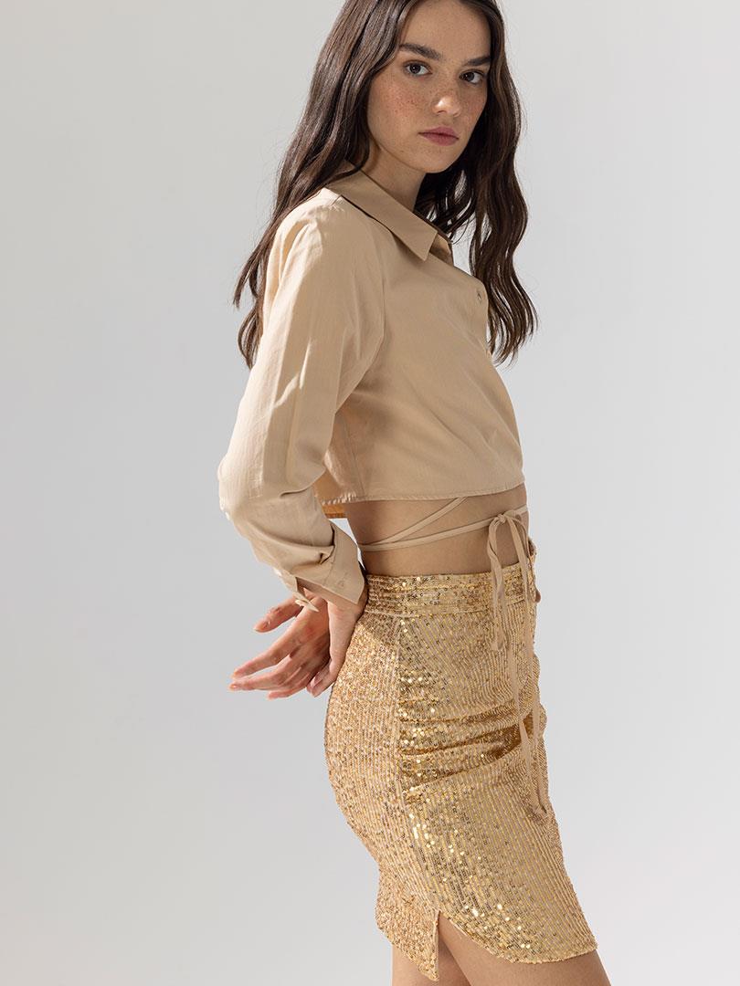 Yanı Yırtmaçlı Drape Detaylı Pullu Etek - Gold Etek Modelleri