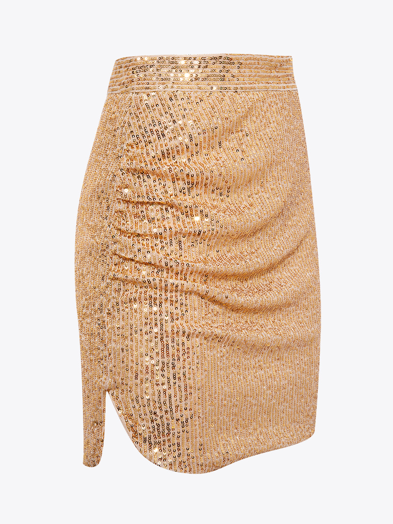 Yanı Yırtmaçlı Drape Detaylı Pullu Etek - Gold