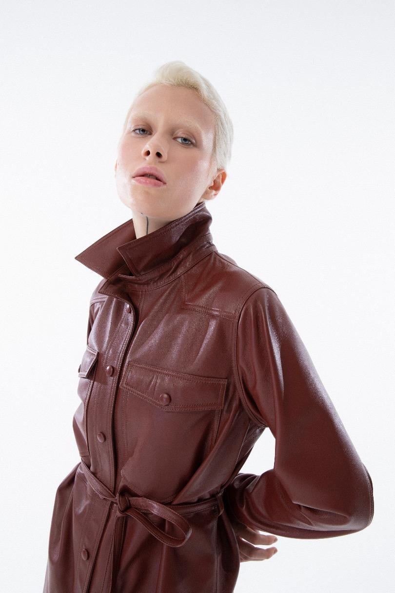 Yanları Yırtmaçlı Deri Gömlek - Bordo