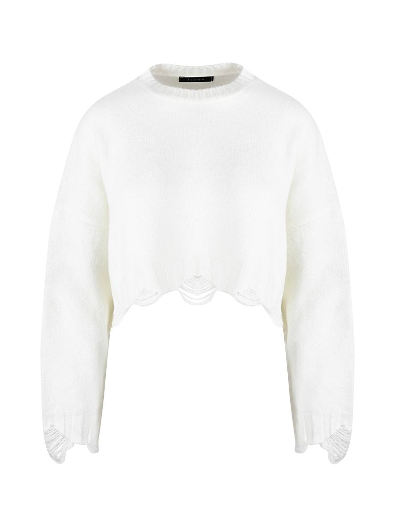 Yırtık Detaylı Oversize Crop Triko - Ekru Triko & Kazak Modelleri