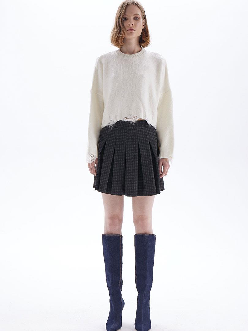 Yırtık Detaylı Oversize Crop Triko - Ekru Triko & Kazak Modelleri