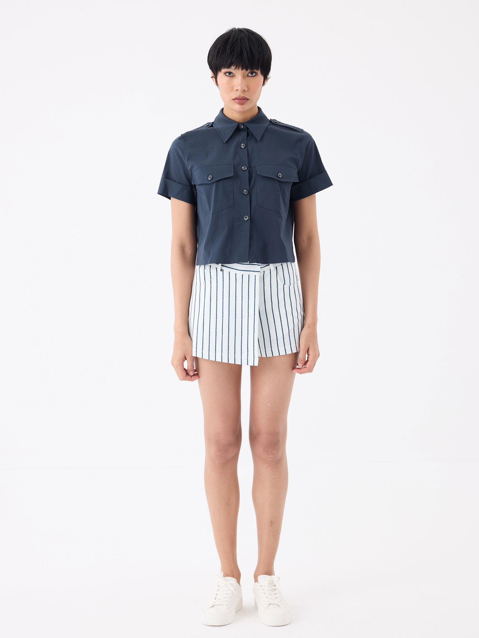 Yüksek Bel Çizgili Şort Etek - Mavi Çizgili Şort Modelleri