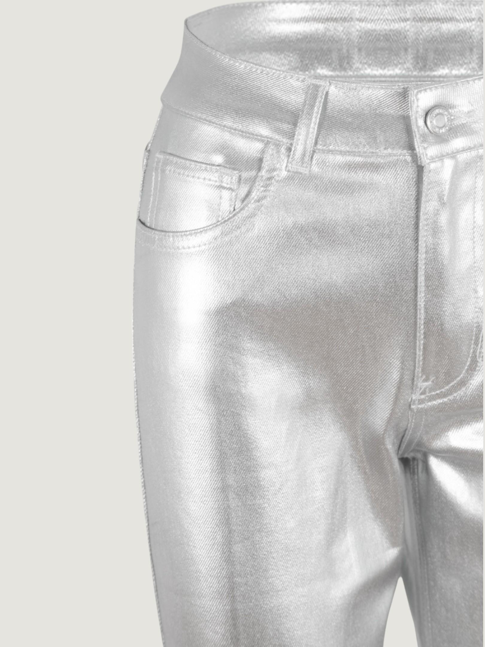 Yüksek Bel Metalik Görünümlü Mom Fit Pantolon - Gümüş Pantolon Modelleri