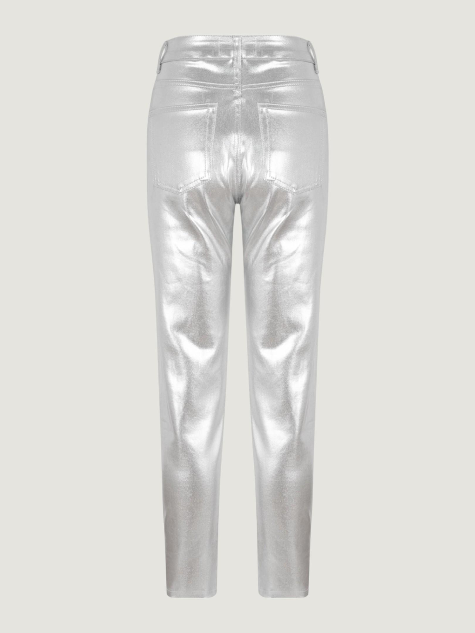 Yüksek Bel Metalik Görünümlü Mom Fit Pantolon - Gümüş Pantolon Modelleri