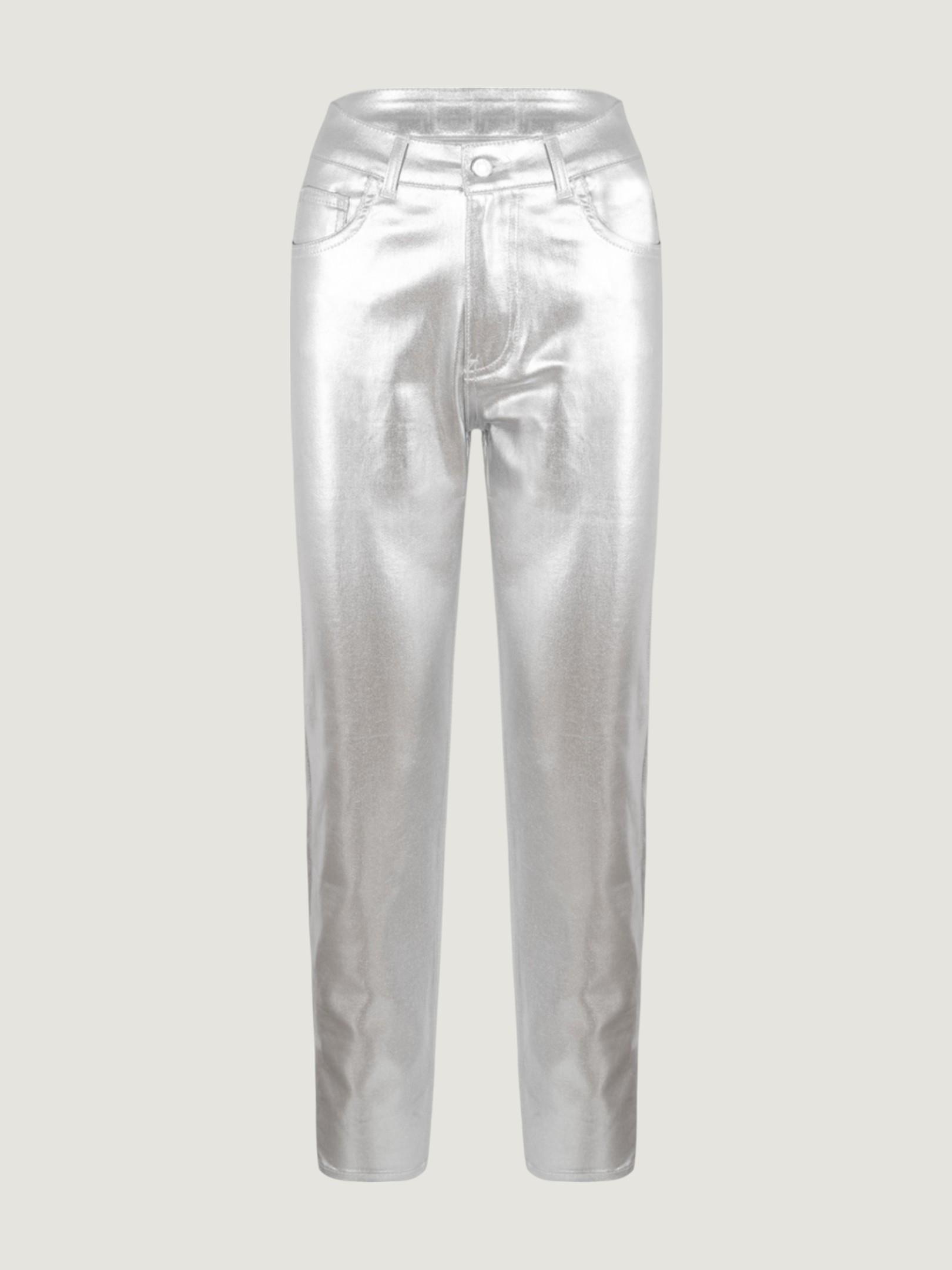 Yüksek Bel Metalik Görünümlü Mom Fit Pantolon - Gümüş Pantolon Modelleri