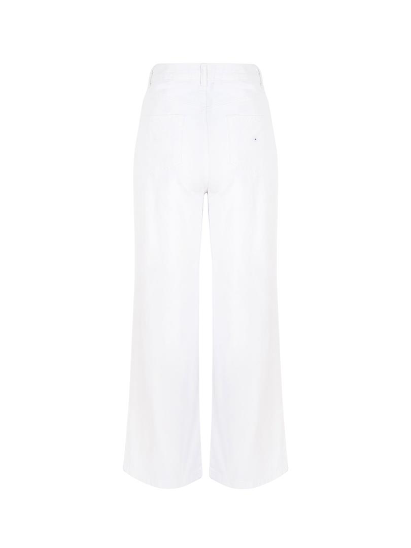 Yüksek Bel Wide Leg Kristal Taşlı Beyaz Jean - Beyaz